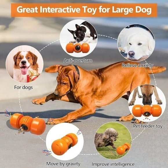 Interactive Dog Toy, Orange Rolling Treat Dispenser Slow Feeder Puzzle w Squeaky - Picture 9 of 16